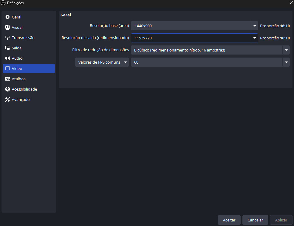 Configuração de vídeo do OBS